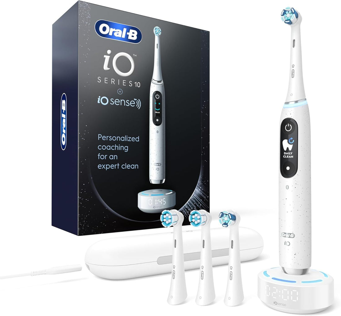 Oral-B Power iO Series 10 Electric Toothbrush, Stardust White, iO10 Rechargeable Power Toothbrush with iO Sense Charger, 4 Brush Heads, and Charging Travel Case