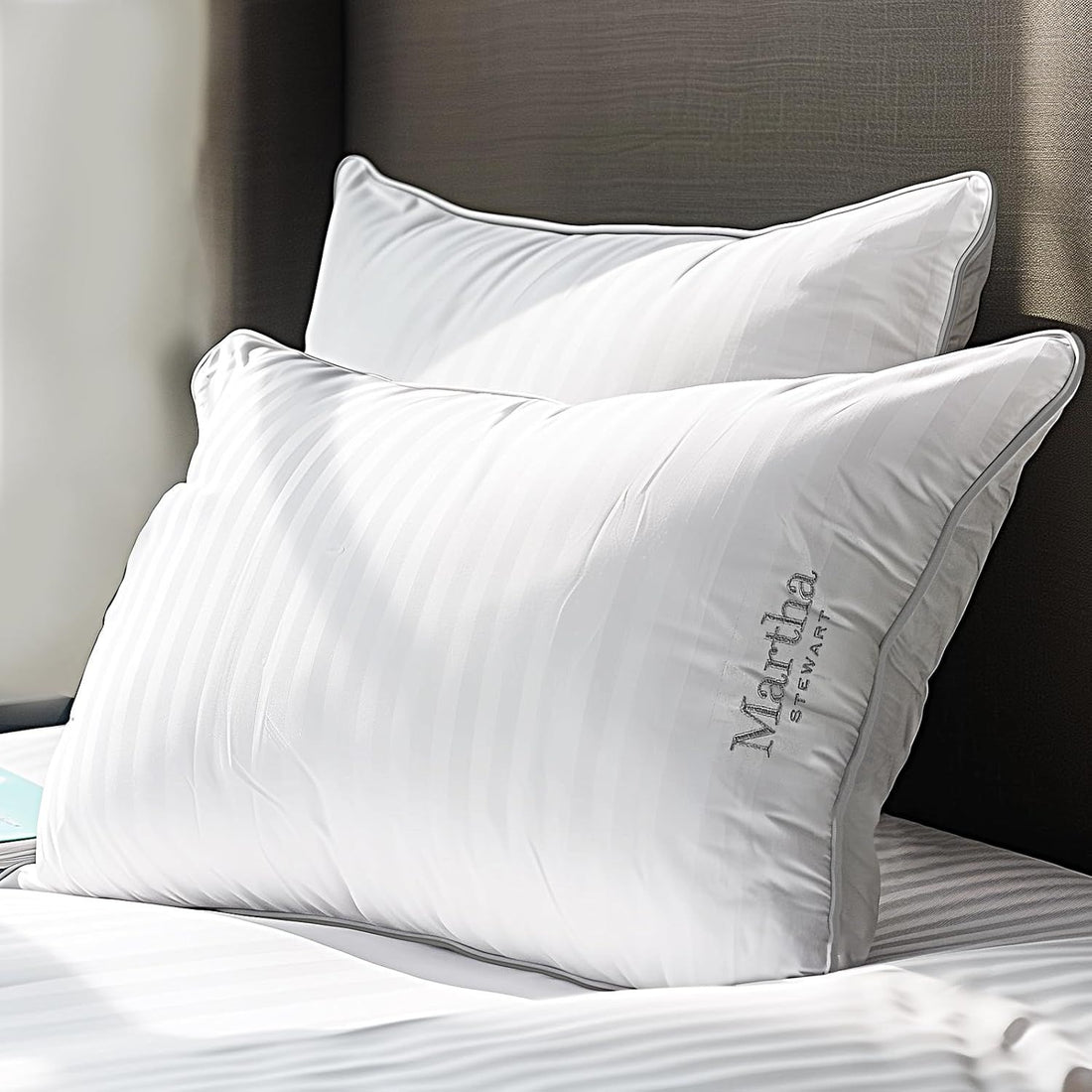 MARTHA STEWART Hotel Collection Feathers and Down Bed Pillows Queen Size Set of 2, 500 Thread Count 100% Cotton Cover Damask Stripe Embroidered Soft Hypoallergenic, White 2