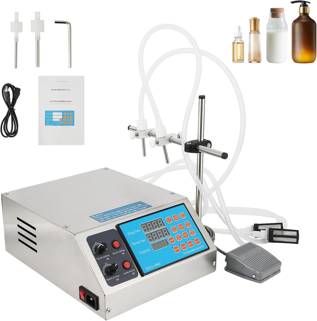 Garvee Liquid Filling Machine, 1-135 fl oz Automatic Bottle Filler, 127W Digital Liquid Filling Machine Oil Filling Machine with 2 Head for Cream, Oil, Milk, Water, Juice