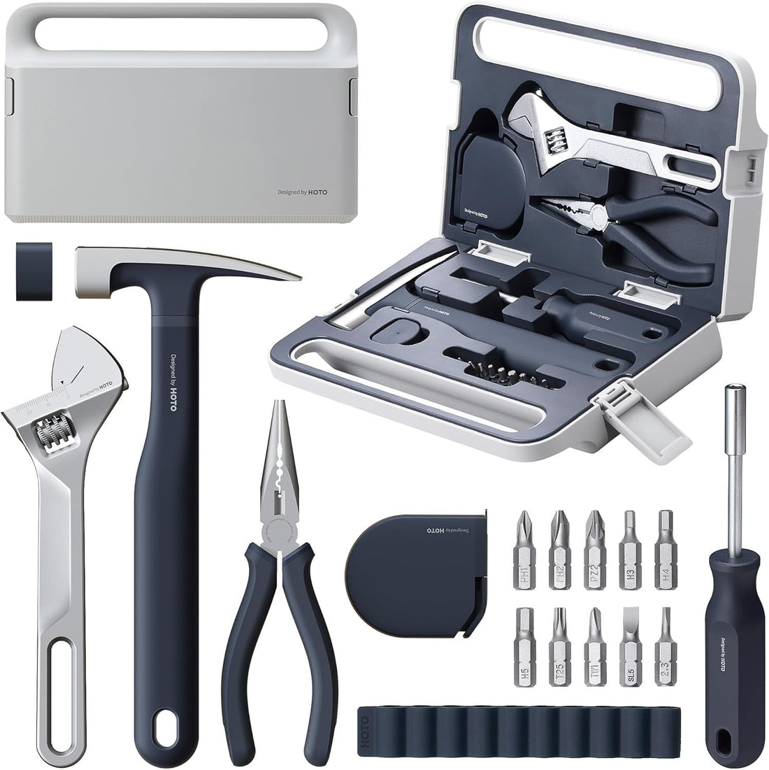 HOTO Manual Screwdriver Tool Kit, Hand Screwdriver Tool Kit, Includes Screwdriver/10 S2-Steel Bits/Spanner/Hammer/Plier/Tape Measure, Hidden Buckle Design