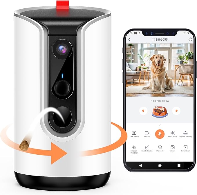 Fexfor 2K Pet Camera Security Dogs Camera, On-Device AI Tracking and Pet Monitoring, 360° View, with Treat Dispenser, Local Storage, 2-Way Audio, Phone App, Motion Alert