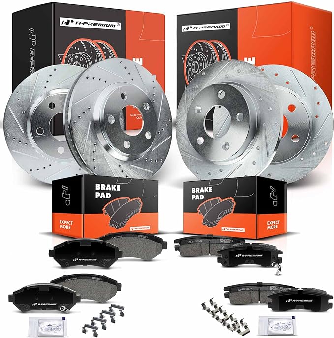 A-Premium Front and Rear Drilled and Slotted Disc Brake Rotors + Ceramic Pads Kit Compatible with Cadillac, Oldsmobile, Pontiac and Buick Models - Eldorado, Aurora, Bonneville, LeSabre, 12-PC Set