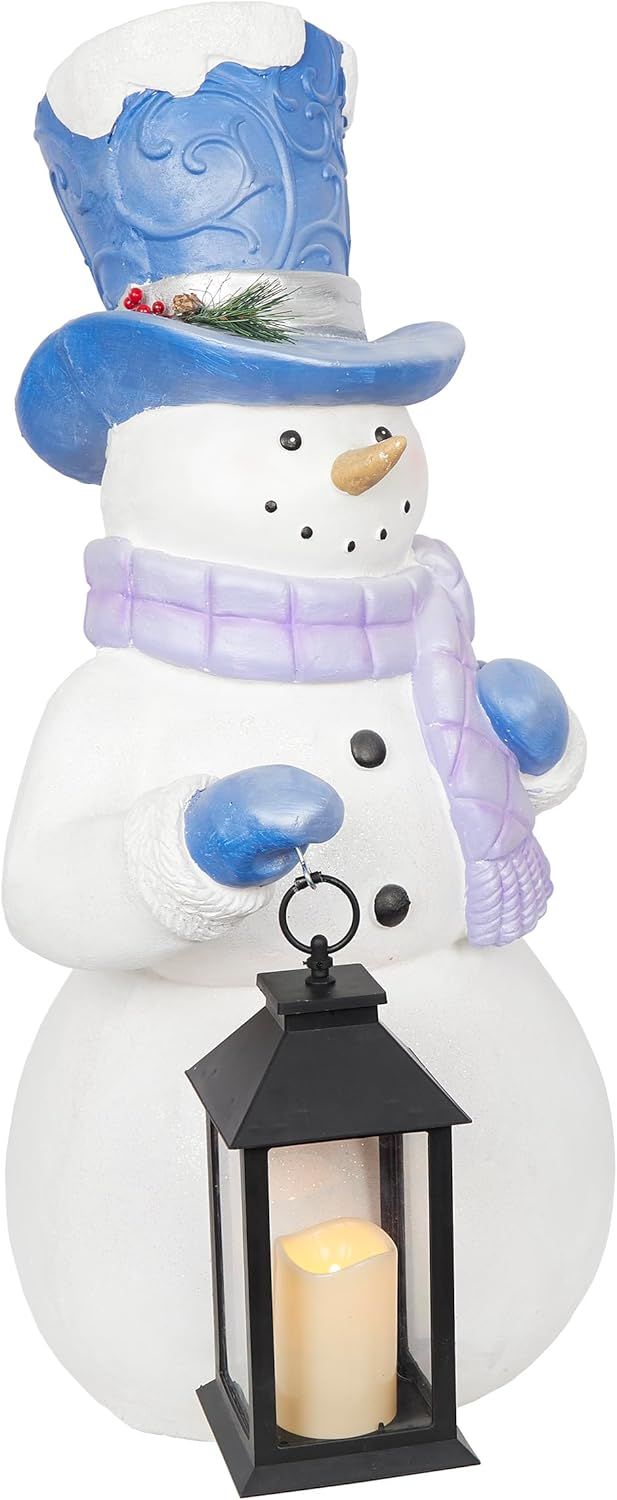Alpine Corporation SKY562HH-S-TM Lavender Winter Snowman Holding Lantern Statue with Flashing Warm White LED Candle, 14” Tall, Indoor/Outdoor Holiday Decoration
