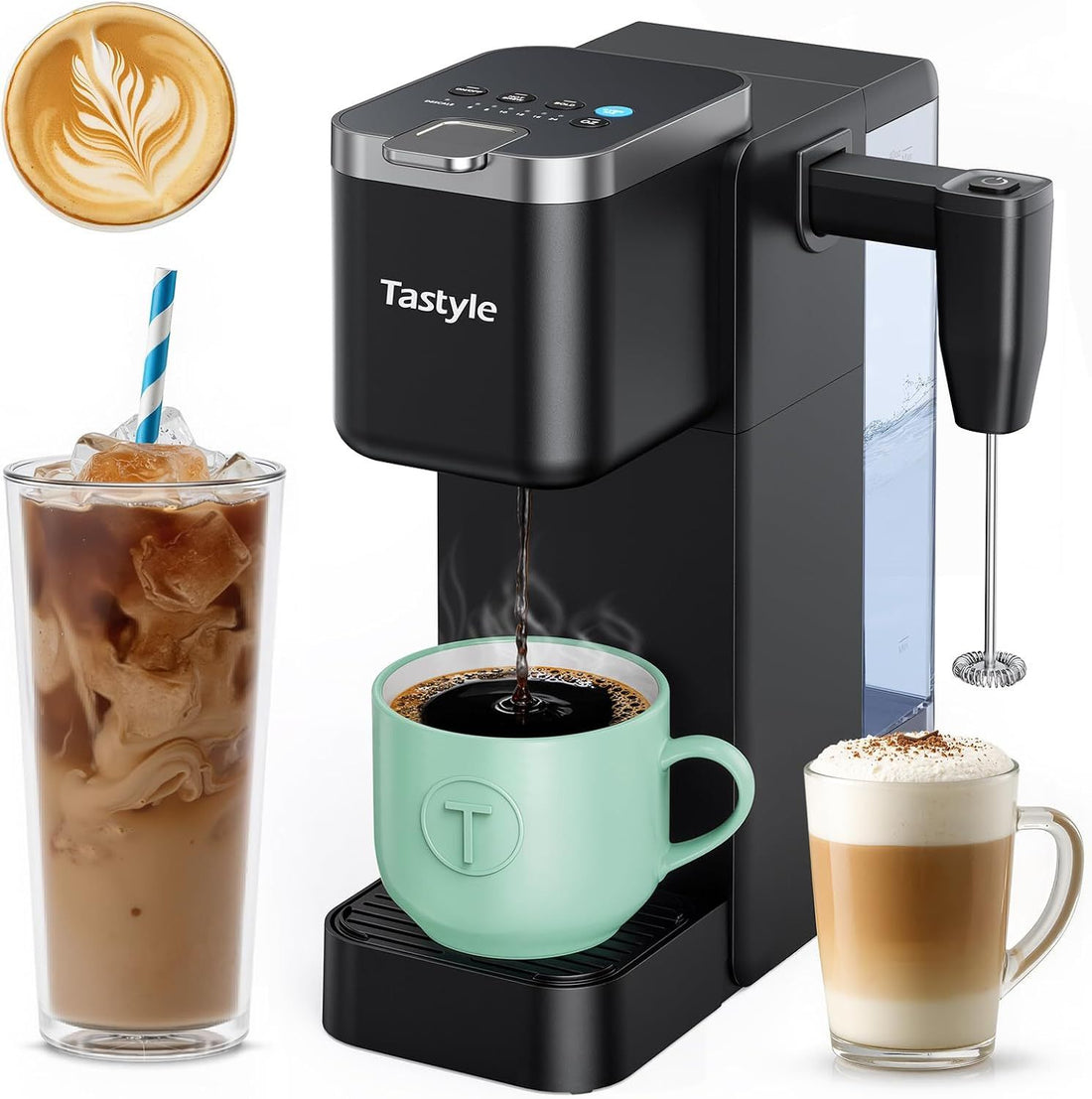 Tastyle Single Serve Coffee Maker with Built-in Detachable Milk Frother, Iced and Hot Coffee Machine for K Cup & Grounds, 40oz Removable Water Reservoir, 6 Cup Sizes, Fits 7.3\ Travel Mug, Black