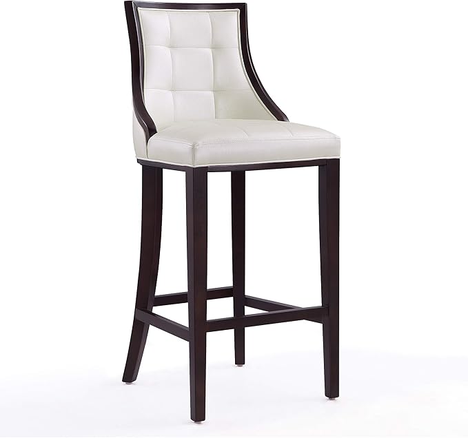 Manhattan Comfort Fifth Avenue Faux Leather Bar Stools with Backrest, Rectangular Design Stitching, Foam Padding & Solid Beech Wood Frame, Fully Assembled Barstool, Set of 1, Pearl White