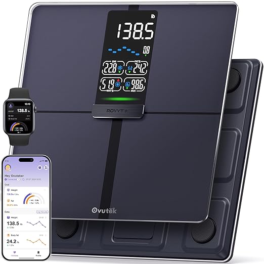 OVUTEK Professional Smart Scale for Body Weight, BMI, Body Fat, Muscle Mass, 450lb Capacity, Black Digital Display, Syncs with Fitness App