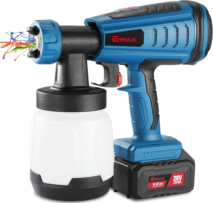 Enhulk Cordless Paint Sprayer with Brushless Motor, 20V Electric HVLP Paint Sprayer with 4.0Ah Battery, 800ml Container, Spray Paint Gun Includes 5 Copper Nozzles, 3 Spray Patterns, for Home, Outdoors