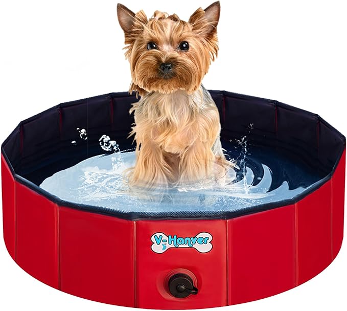 V-HANVER Foldable Dog Pool Hard Plastic Collapsible Pet Bath Tub for Puppy Small Dogs Cats and Kids, 32 X 8 inch