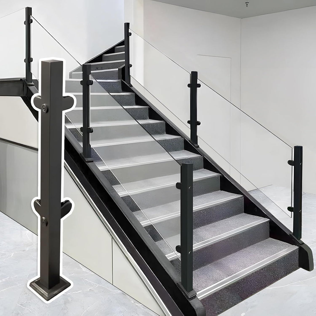 Stainless Steel Square Glass Railing Post System with Clamp - Glass Railing Posts for Balustrade, Fence, Balcony, Stairs, Deck, Pool, Garden, Indoor, Outdoor (37.4in)