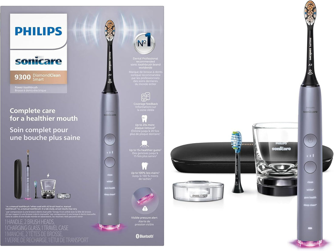 Philips Sonicare DiamondClean 9300 Electric Toothbrush, 2 Brush Heads, Grey | 2000% More Plaque Removal¹, Visual Pressure Sensor, 12 Brush Settings, App Connected, 14-Day Battery, Travel Case, HX9903/45