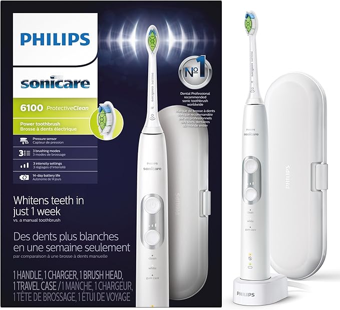 Philips Sonicare Protectiveclean 6100 Rechargeable Electric Toothbrush, Whitening, White, HX6877/21