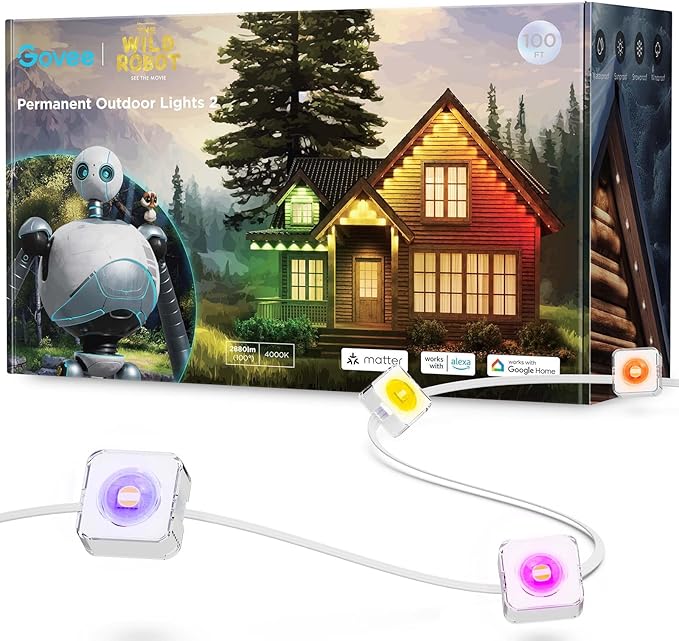 Govee Permanent Outdoor Lights 2, 100ft RGBIC Outdoor Lights with 72 LED Lights, IP67 Waterproof, 100 Scene Modes with 40lm White for Outdoor Decorations, Works with Alexa, Google Assistant, White
