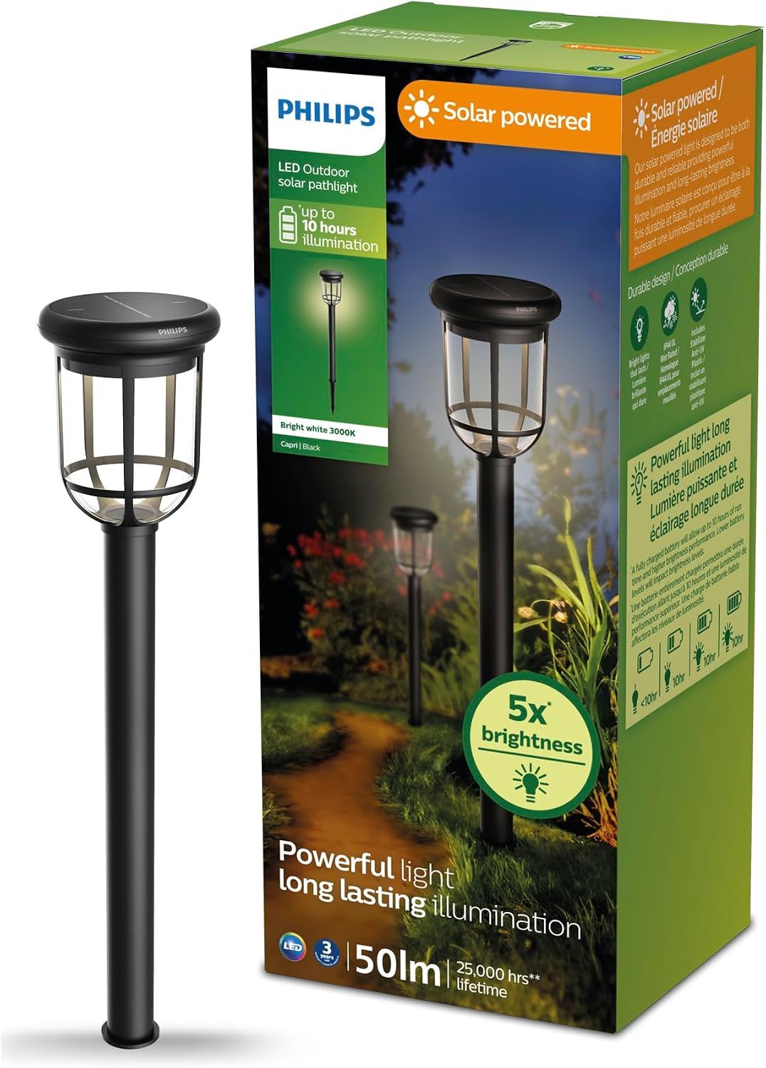 Philips Outdoor Solar Capri LED Pedestal/Pathway Lights - Bright White 3000K - 50lm - Black