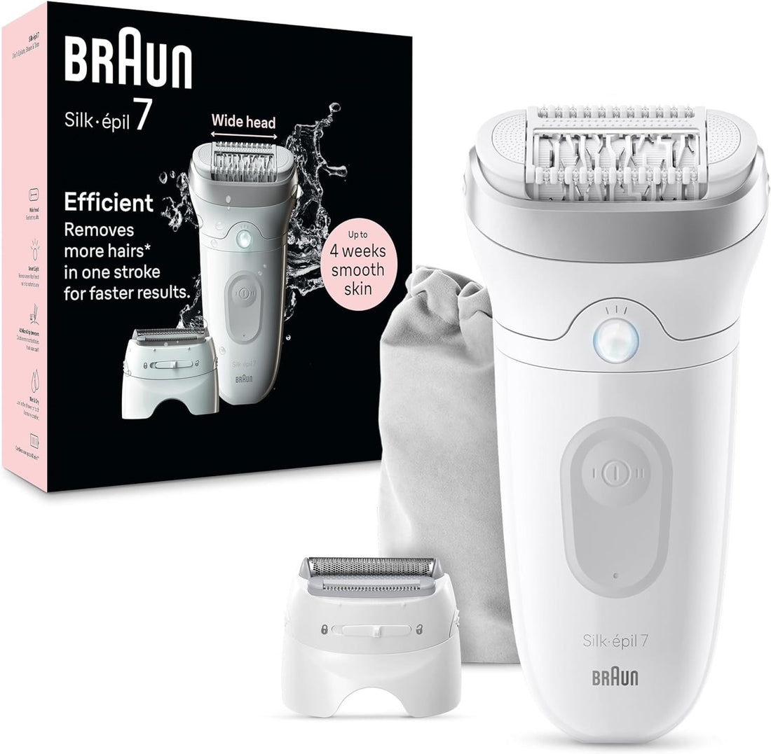 Braun Silk-épil 7 Epilator, Wet and Dry, Wide Head, Includes Shaver Head and Trimmer Comb, SE7-041, Silver