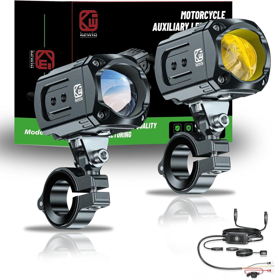 Kewig Motorcycle Auxiliary LED Light Kit Driving Spotlights | White/Amber Fog Light with Mount Brackets Wire Harness 60W Offroad Work Lights Compatible with Motorcycle J-eep Car Truck
