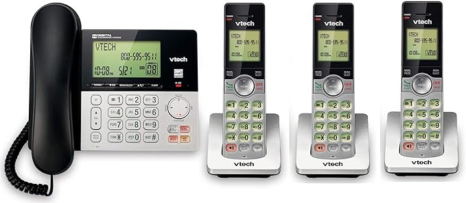 VTech CS6949-3 DECT 6.0 Corded/3-Cordless Telephone System, Black/Silver