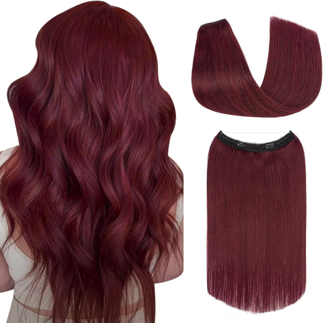 Halo Hair Extensions Real Human Hair, S-noilite Halo Extensions for Women 16inch Wine Red Halo Hair Invisible Wire Extensions with Adjustable Fish Line