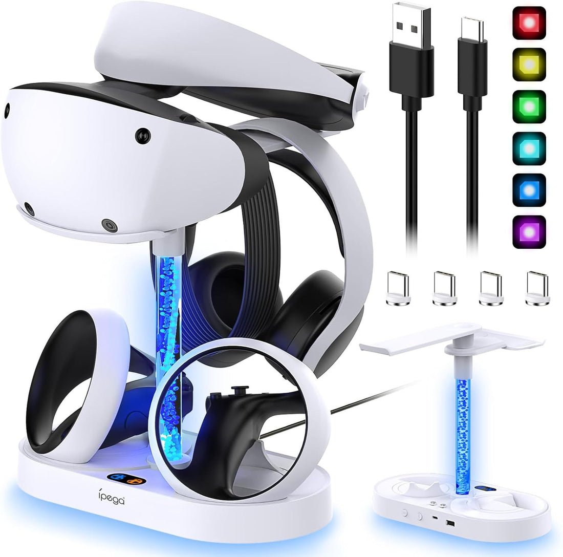 Charging Station Stand for PlayStation VR2 Controller & Headset with RGB Light, MENEEA Charger Dock Accessories Holder for PS VR2 Sense Controller with LED Indicator, VR2 Magnetic Fast Charger (White)