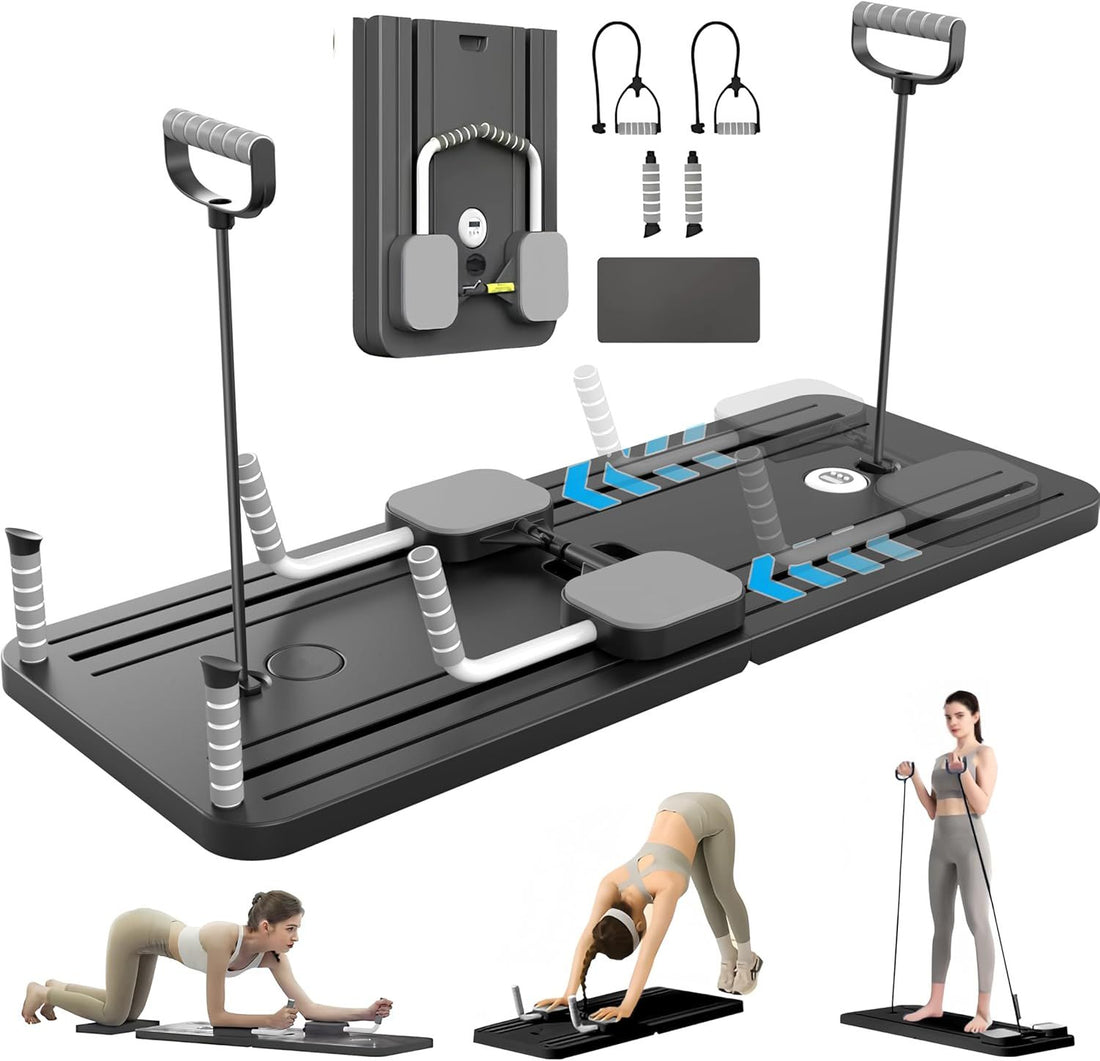 EPHESPORT Foldable Pilates Board, Multifunctional Ab Board Automatic Rebound, Full Body Exercise Equipment for Home, Pilates Reformer with Elbow Support&Resistance Bands&Ab Mat&Handles