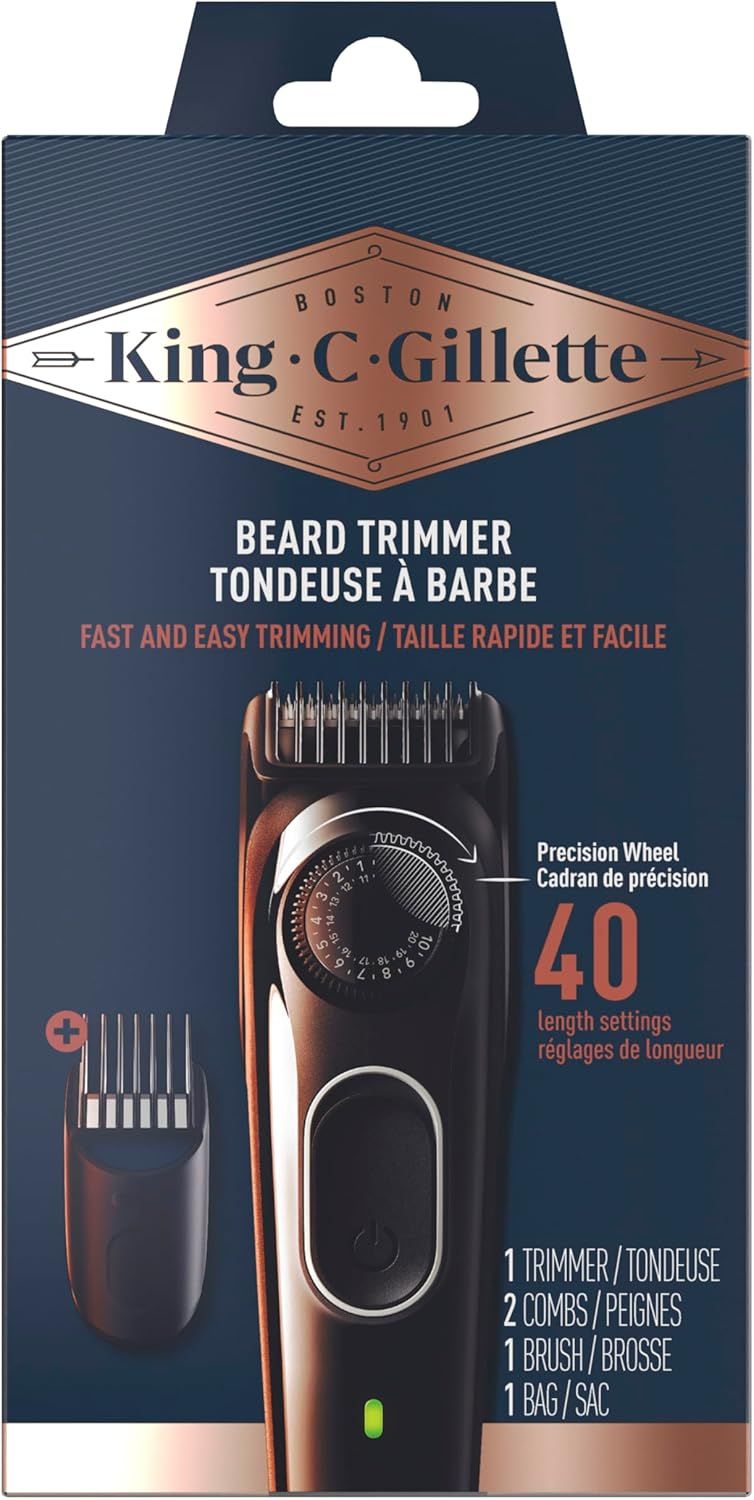 King C. Gillette Beard Trimmer Full Kit with 40 beard length settings and Washable Lifetime Sharp Blade for fast and easy trimming