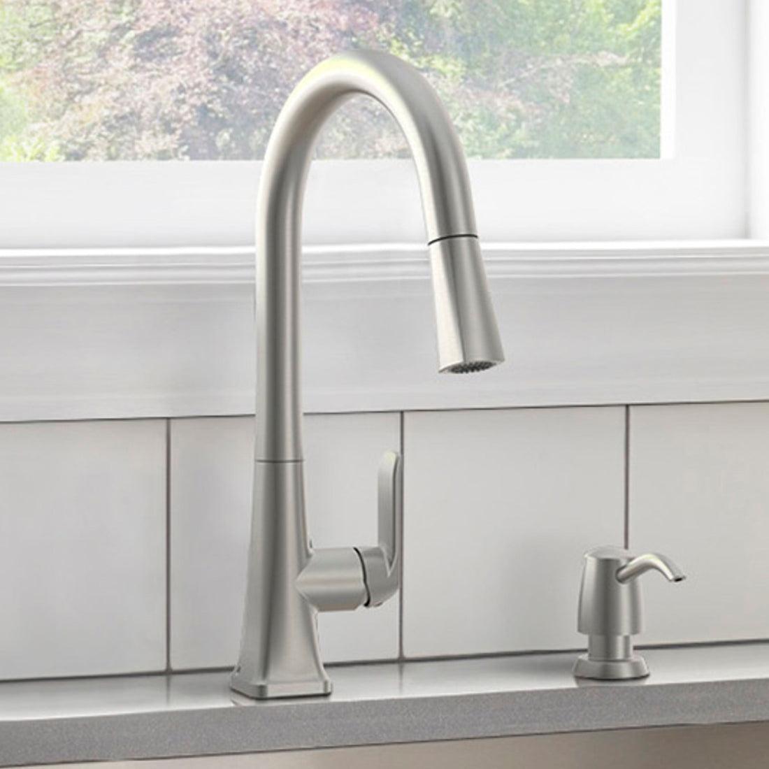allen + roth Dunmore Spot Resist Stainless Single Handle Deck-mount Pull-down Kitchen Faucet with Sprayer (Includes Deck Plate) (Includes Soap Dispenser)