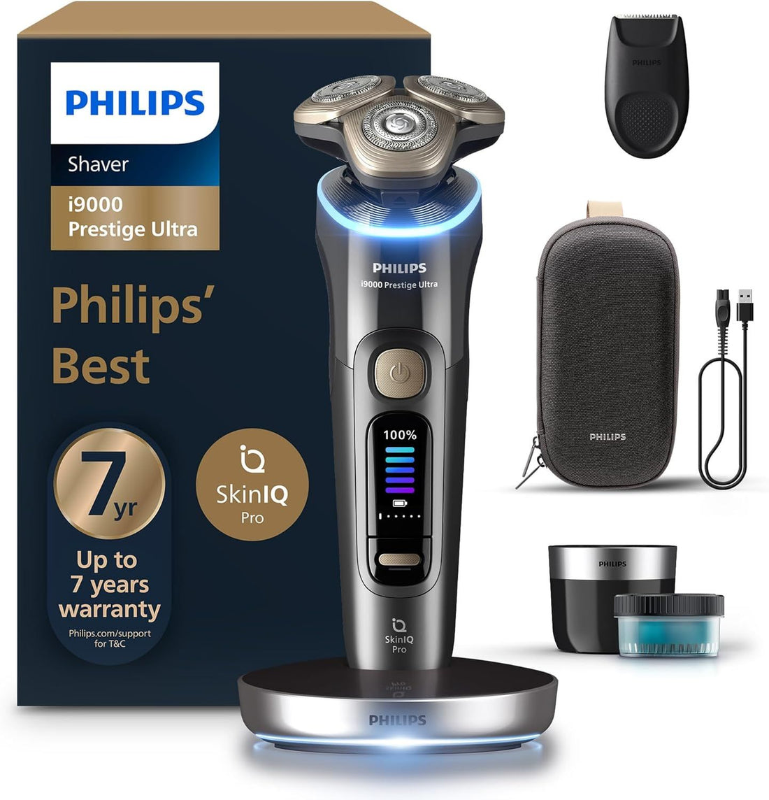 Philips i9000 Prestige Ultra Electric Shaver with Travel Case, Dark Slate | Triple Action Lift & Cut, SkinIQ Pro technology, AI-powered Active Pressure & Motion, Cleaning Pod, Wet or Dry Use XP9402/31