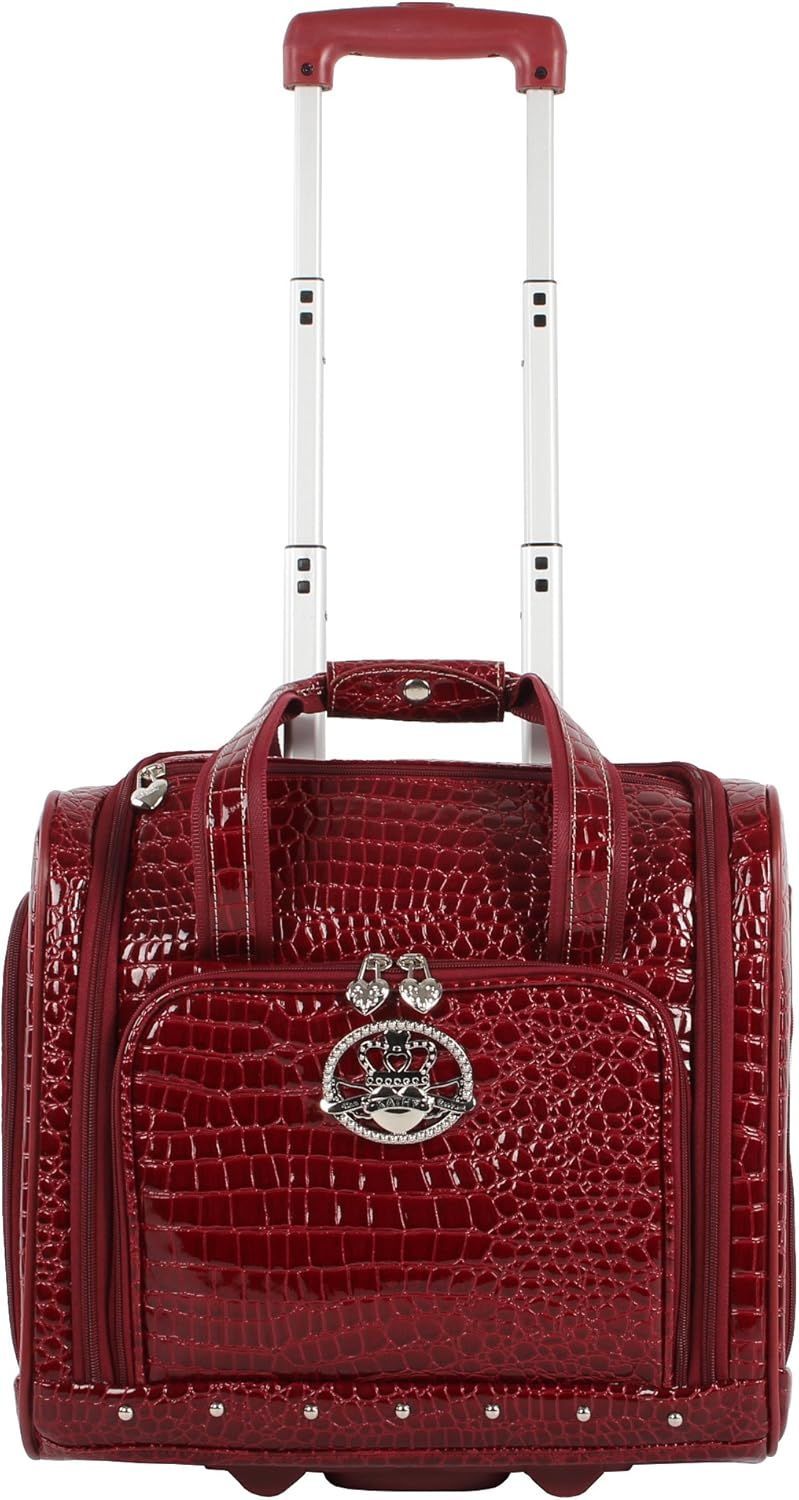 Kathy Van Zeeland Croco PVC Designer Underseat Luggage - 15 Inch Carry On Suitcase for Women- Lightweight Under Seat Bag with 2-Rolling Spinner Wheels (Burgundy)