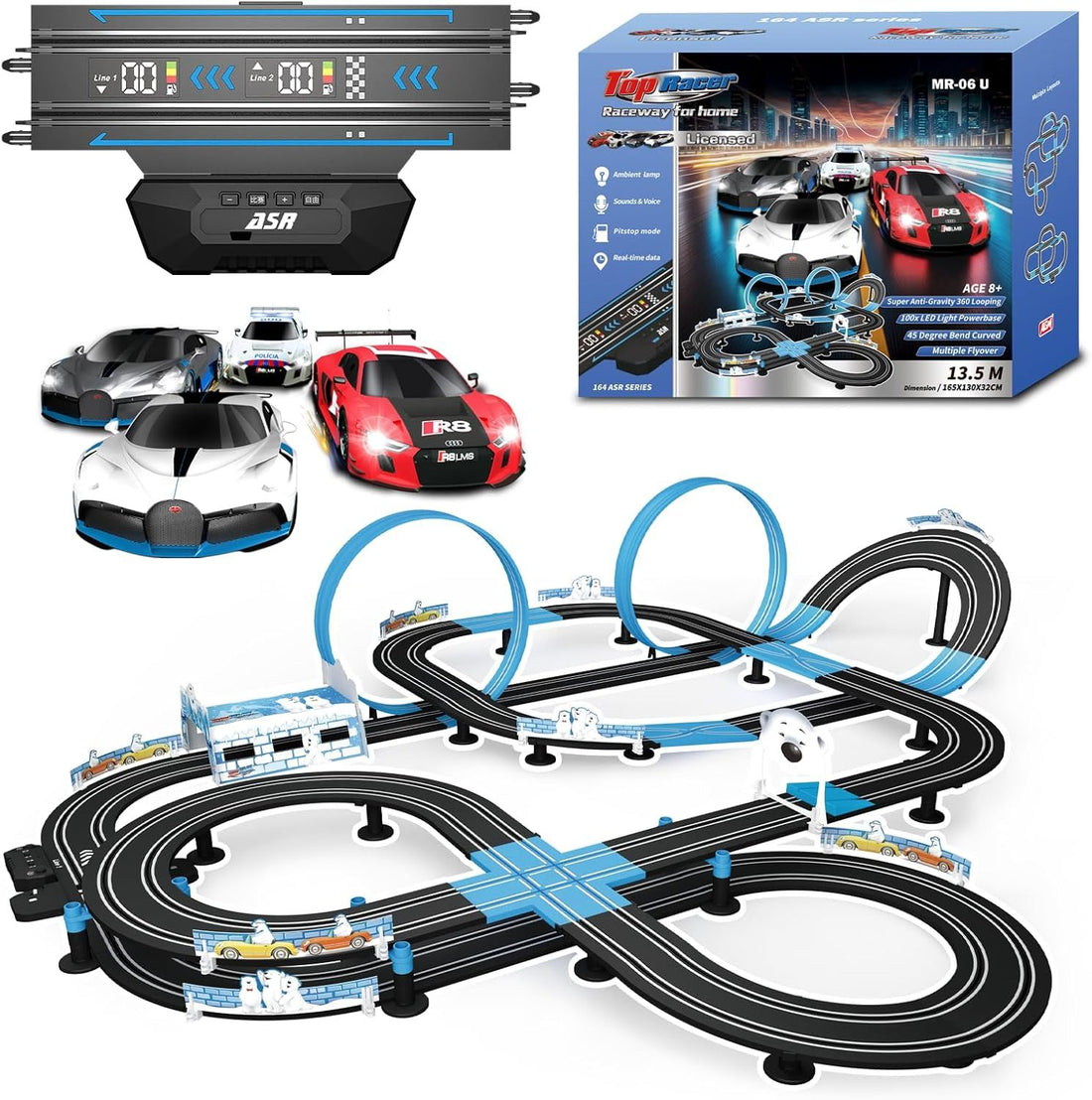 AGM MASETCH High Speed Slot Car Racing Set with LED Lap Counter, Fuel Pit Stop, Voice Feedback, 4 Licensed Cars, 13.5m (44ft) Track, Electric or Battery Powered for Kids & Adults