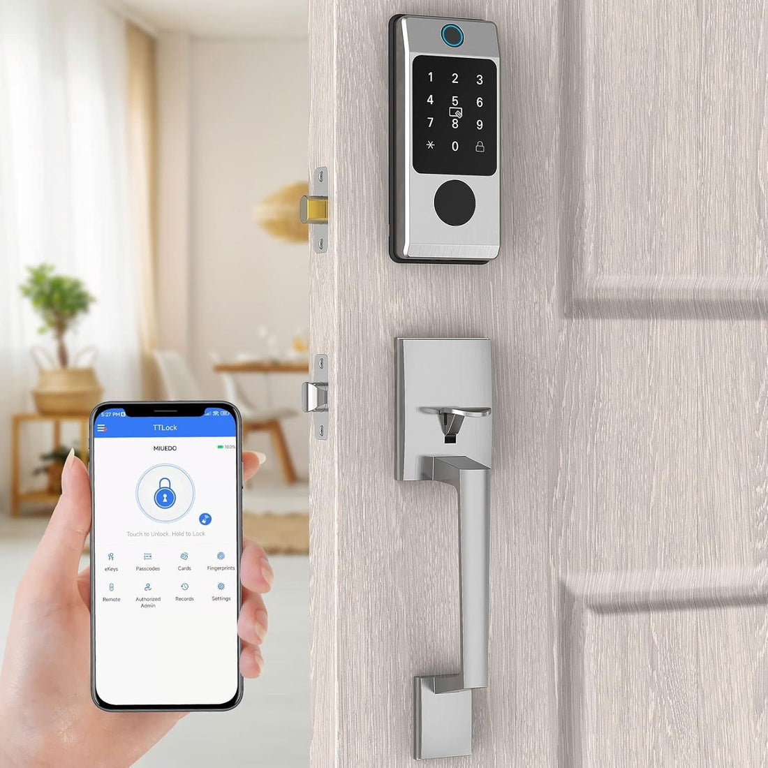 Keyless Entry Door Lock, Miuedo Front Door Lock Sets, Smart Locks for Front Door Fingerprint Door Lock Door Handle Sets with Electronic Keypads, Auto Lock Digital Lock (Silver)