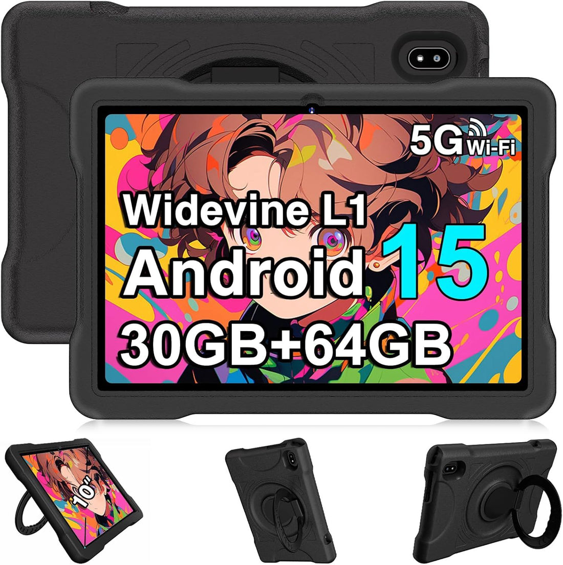 Kids Tablet 10 Inch Android 15 Tablets, 30GB RAM 64GB ROM 1TB Expand, Octa-Core Tablet with Gemini AI, 6000mAh, 5G WiFi, HD IPS Display, Widevine L1, Parental Control, EVA Case - Black