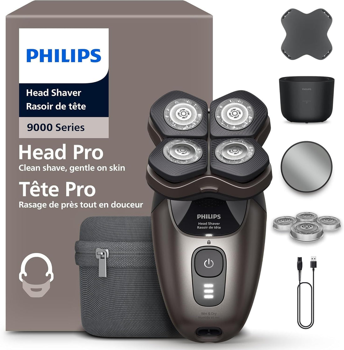 Philips Head Shaver Pro 9000 Series - Skull Shaver For Men and Women, 360° Flexing Head & ComfortCut Blades for Clean Shave, Gentle on Skin, Model HS9980/28