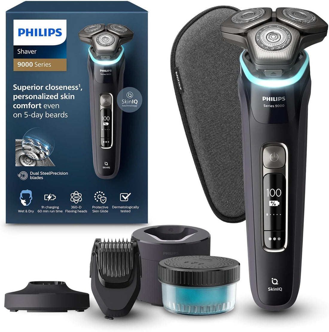 Philips Shaver Series 9000, Wet and Dry Electric Shaver, with Lift & Cut Shaving System and SkinIQ Technology, Pop-up Trimmer, Cleaning Pod, Beard Styler, Charging Stand and Travel Case, Ink Black, Model S9986/58