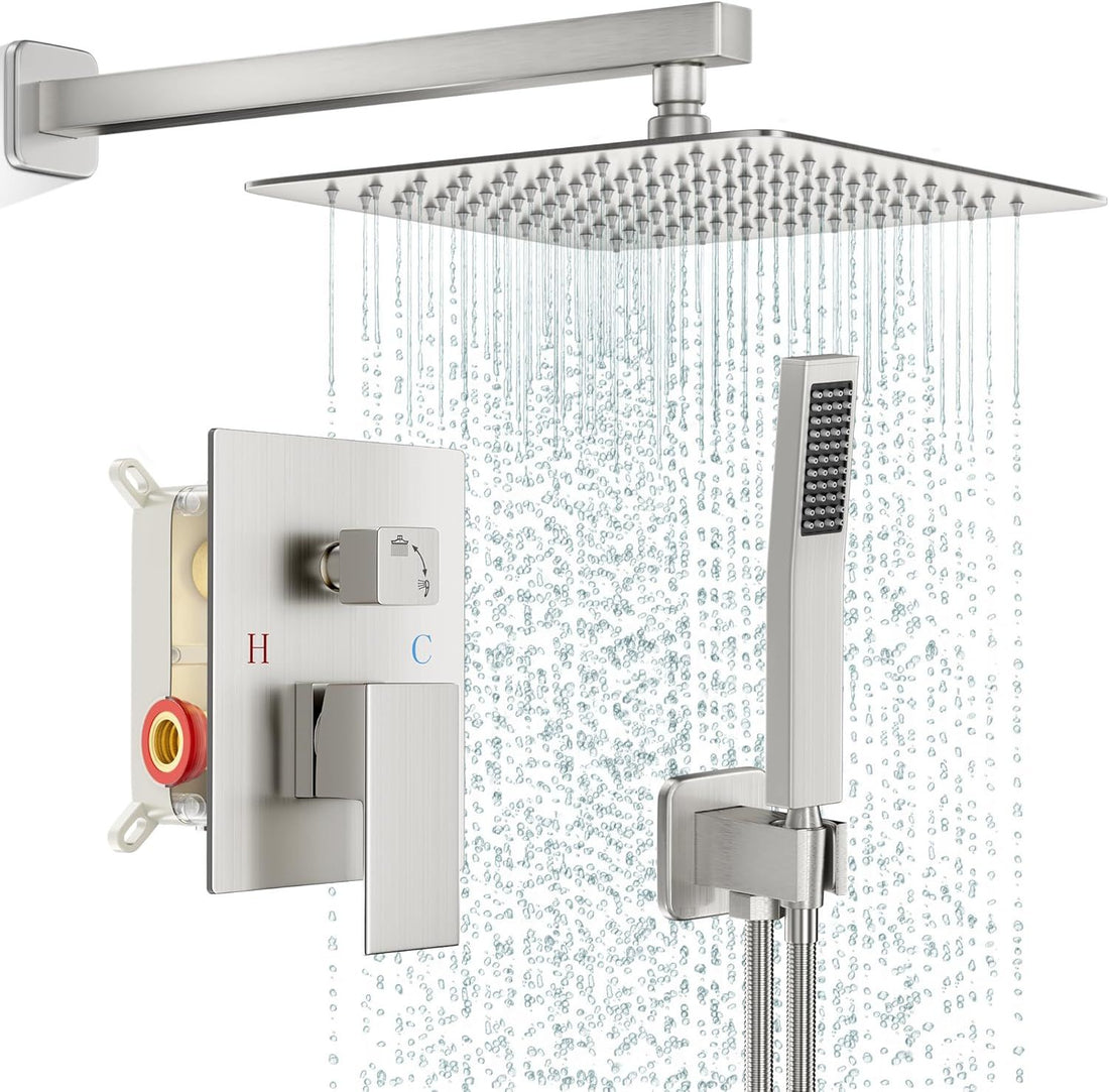 FPXRNG Shower Faucet Set Bathroom Square Rain Shower Head and Handle Set, Wall Mounted Shower Fixtures, Full Metal Trim Repair Kit 10 inch Brushed Nickel (with Shower Valve)
