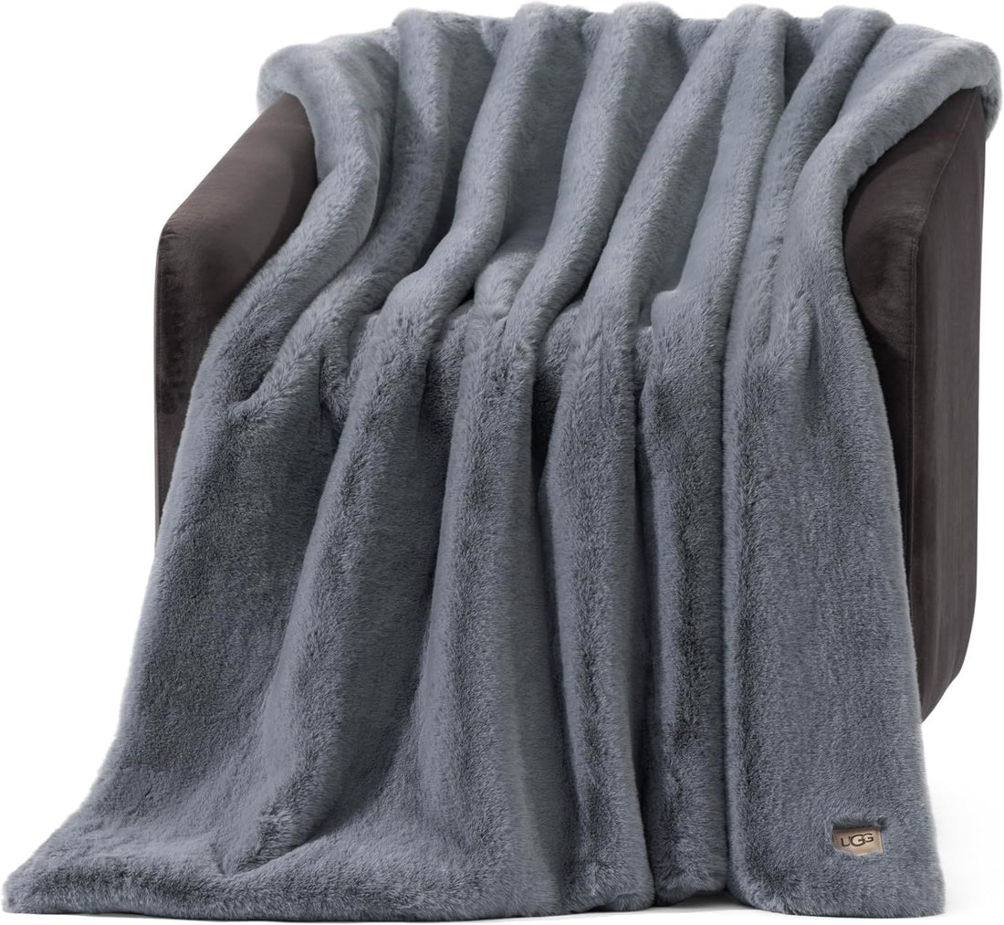 UGG Euphoria Throw Blanket, Plush Faux Fur Blanket, 50\ x 70\, Grey Blue | Reversible Fluffy Faux Fur to Ultra Soft Microfiber, Ultra Plush, OEKO-TEX Compliant, Machine Washable, All-Season Décor