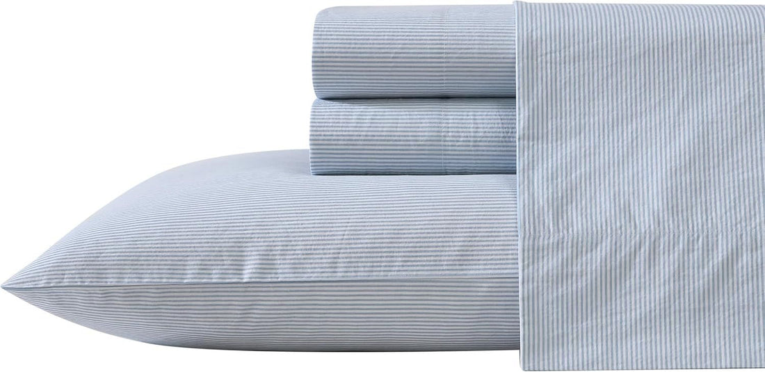 Nautica - Queen Sheet Set, Cotton Percale Bedding Set, Crisp & Cool, Lightweight & Breathable (Penny Pinstripe Blue, Queen)