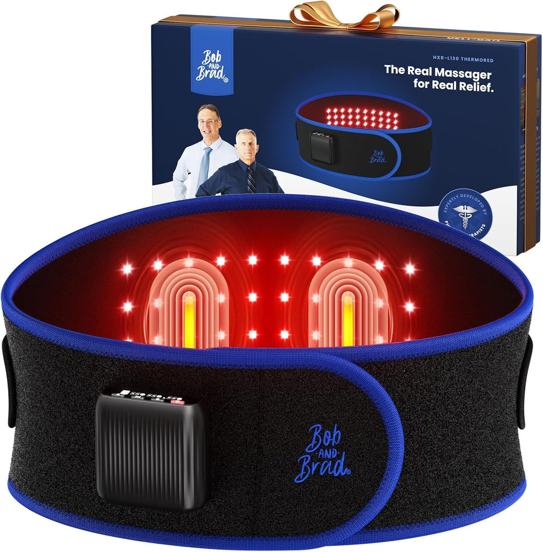 BOB AND BRAD ThermoRed Heating Pad Belt Massager for Lower Back Support, Cordless Wearable Near Infrared Heat & Red Light Lumbar Back Wrap with Adjustable Vibration, Gift for Family