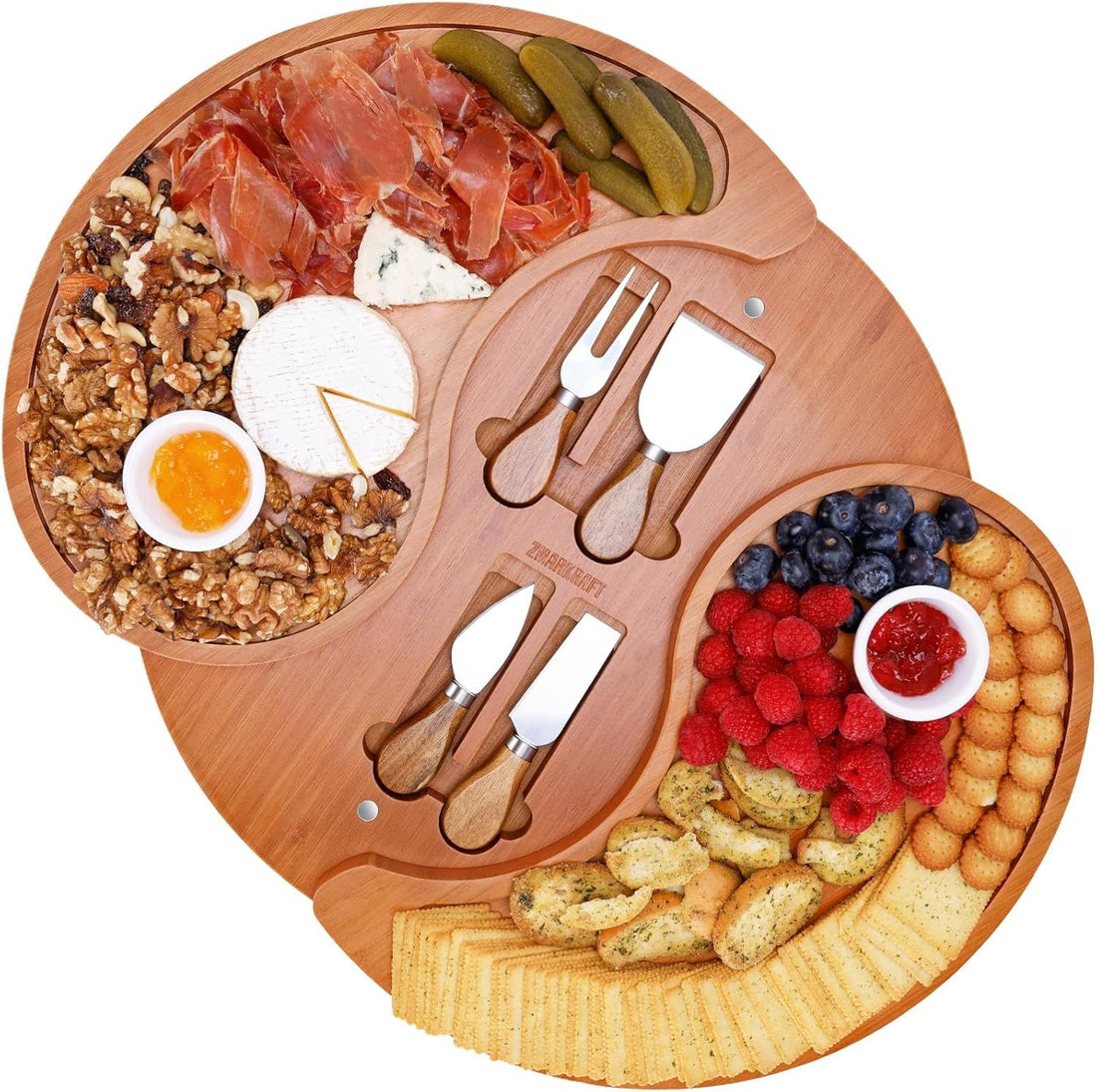 US Patented Double-Layer Charcuterie Board| Large Cheese Board Platter Set w 4 Knives and 2 Bowls | Premium Bamboo Serving Tray | Hoursewarming Christmas (Mocha Brown)