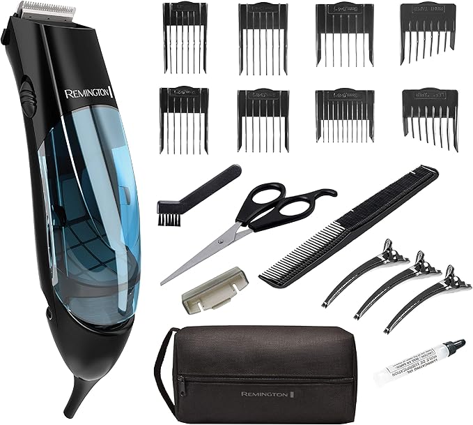 Remington Vacuum Trimmer and Hair Clipper, 18-Piece Vacuum Haircut Kit, Easy Cleanup, HKVAC2000B| Blue