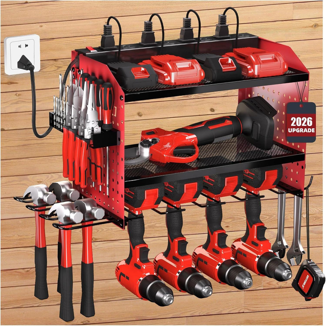 Gifts for Men Dad Husband Him Fathers Day, Power Tool Organizer with Charging Station, Wall Mount Garage Shelving with 6 Drill Holder, Garage Storage Built in 8 Outlet Power Strip,Battery Organizer