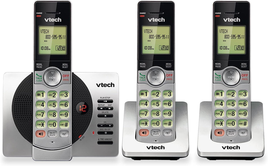 VTech DECT 6.0 3-Handset Cordless Phone with ITAD, CID, Backlit Keypads and Screens, Full Duplex Handset Speakerphones, Call Block Silver/Black, CS6929-3
