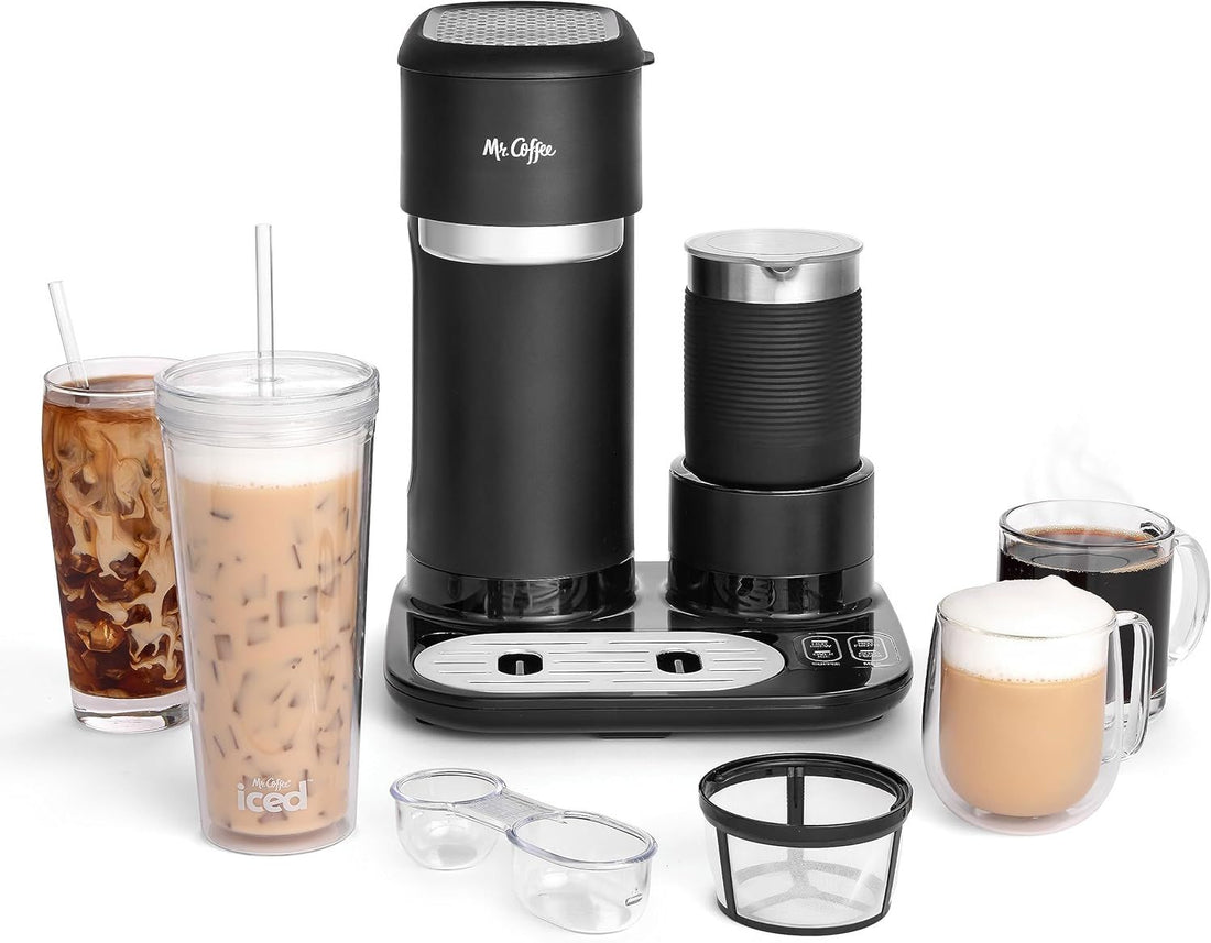 Mr. Coffee 4-in-1 Single-Serve Latte, Iced and Hot Coffee Maker | Coffee Machine with Milk Frother, Tumbler and Reusable Filter | Black