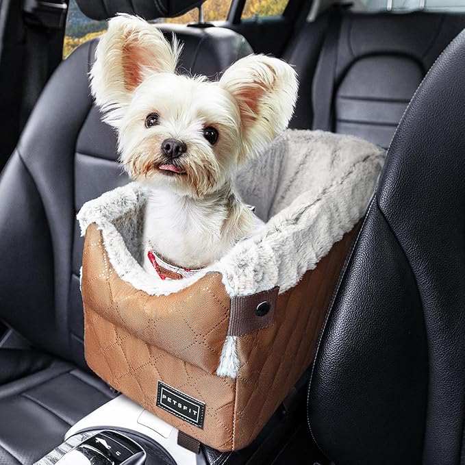 PETSFIT Center Console Dog Car Seat with Safe Protection Hooks, Pet Car Seat with Upgraded Safety Tethers, Washable Cushion, Console Dog Car Seats for Small Dogs (Coffee)