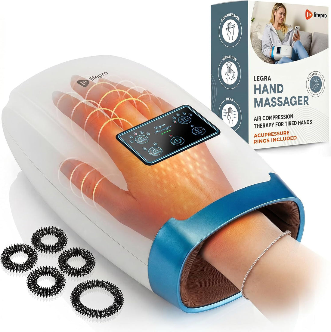 Lifepro Cordless Hand Massager for Hands, Wrists & Fingers ā Heat & Compression with 5 Intensity Levels, 5 Massage Modes, 2 Vibration Levels, and Travel Bag ā Ideal Gift for Men & Women (White)