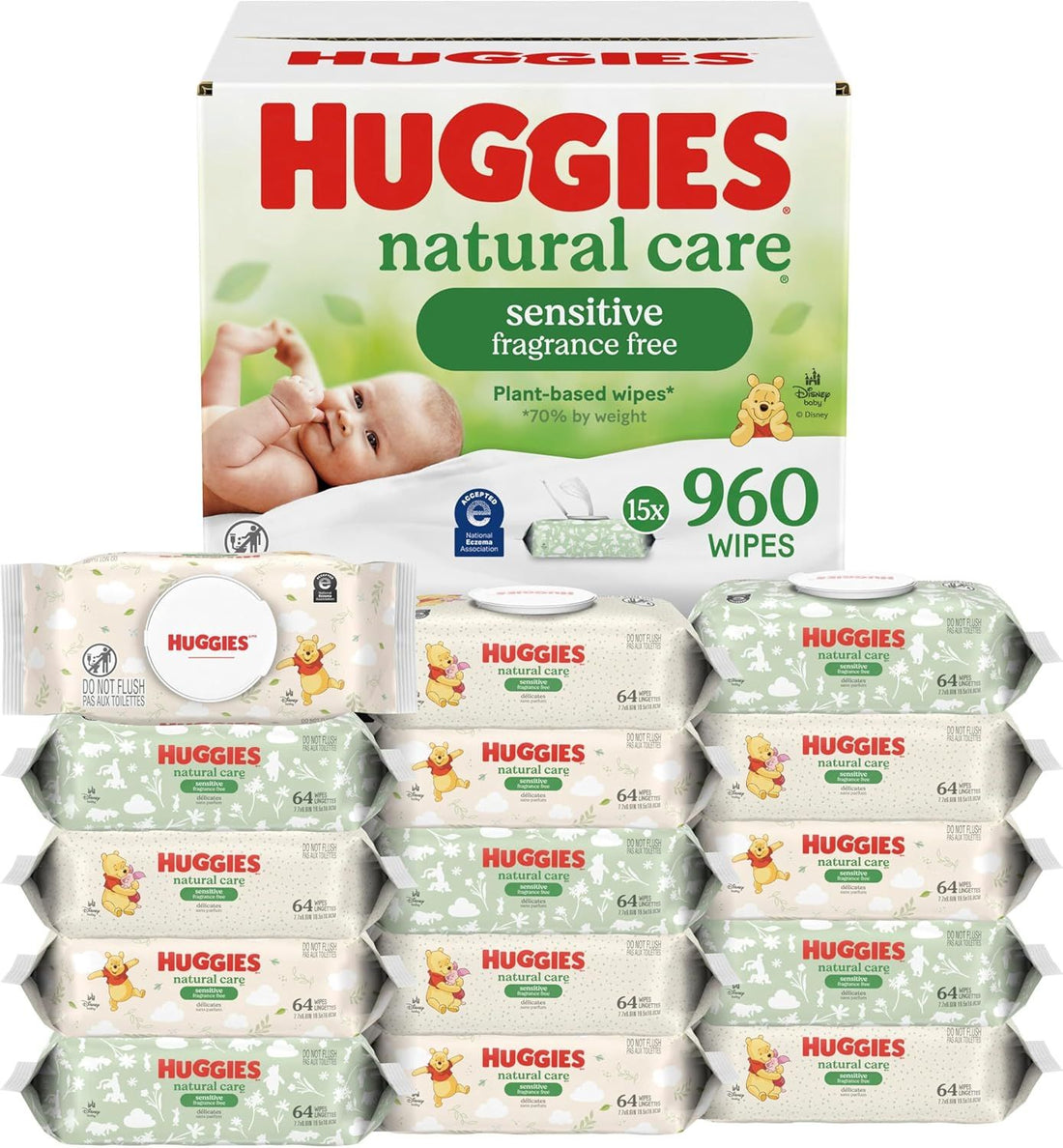 Huggies Natural Care Sensitive Baby Wipes, Unscented, Hypoallergenic, 99% Purified Water, 15 Flip-Top Packs (960 Wipes Total) | 99% Purified Water, Plant-Based, Hypoallergenic, Fragrance-Free, Dermatologist Tested, Winnie-The-Pooh Designs