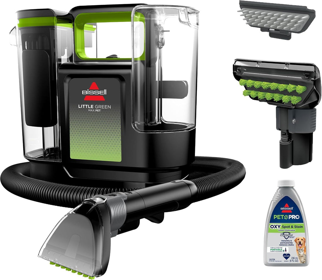 BISSELL Little Green Max Pet Portable Carpet and Upholstery Deep Cleaner, Car Auto Detailer, Self-Cleaning Tough Stain Tool, Pet Hair Removal Tool, Dual Tank, Triple Action OXY Formula, 3860B