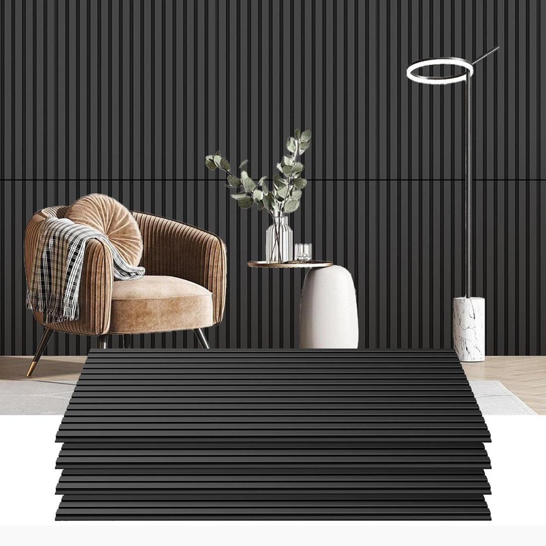 RITOLLO Wood Slat Wall Panel | 4 Pcs Acoustic Wall Panels 47.2 x 23.6 Wall Panels 3D Sound Dampening Panels Wall Decoration - Matte Black
