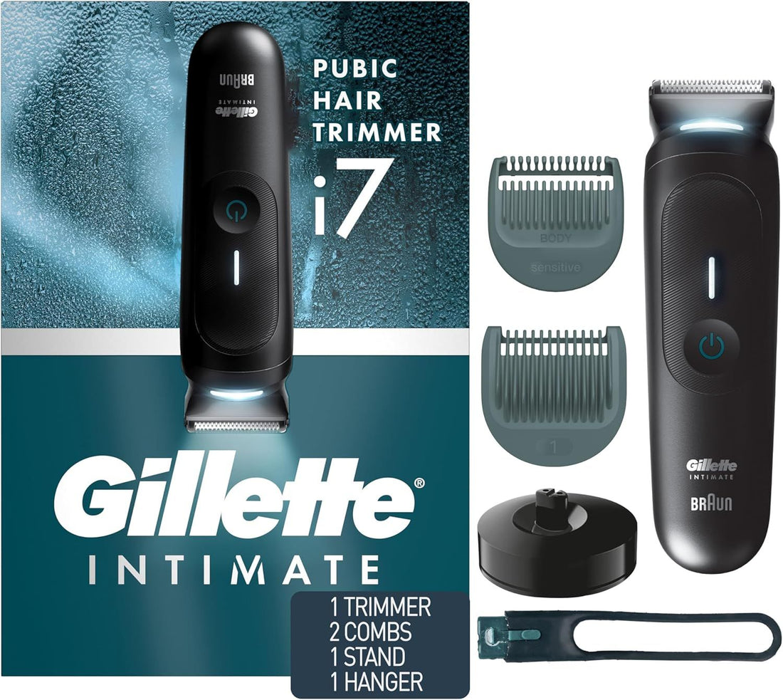 Gillette i7 Intimate Men’s Premium Pubic Hair Trimmer, Waterproof LED Body Hair Trimmer for Men, Manscaping Body Groomer, Male Body Hair Razor