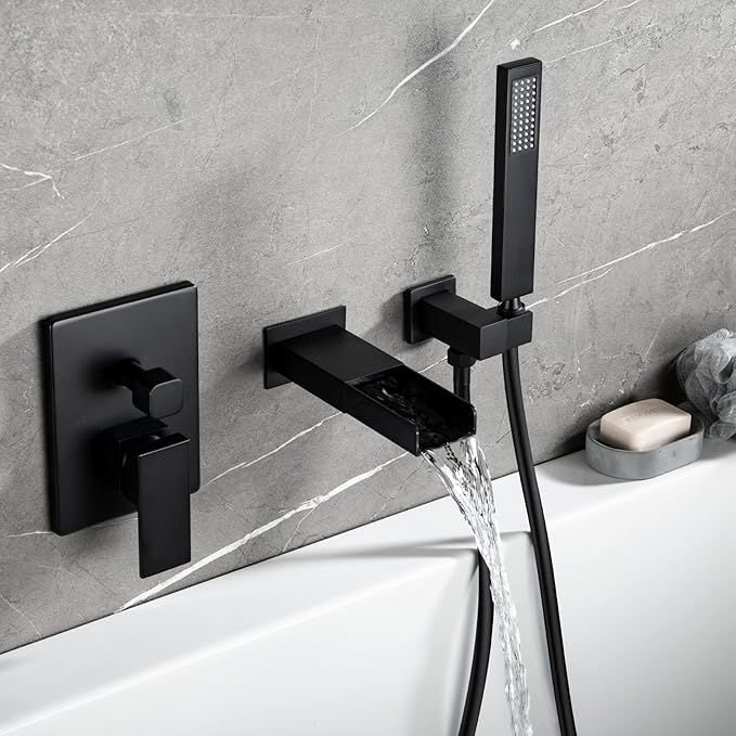 TapLong Wall Mounted Bathtub Faucet with Handheld Shower, Single Handle Tub Filler, 3 Holes Contemporary Waterfall Tub Faucet (Rough-in Valve and Trim Kit Included), Wall Mounted, Matte Black, 00141B