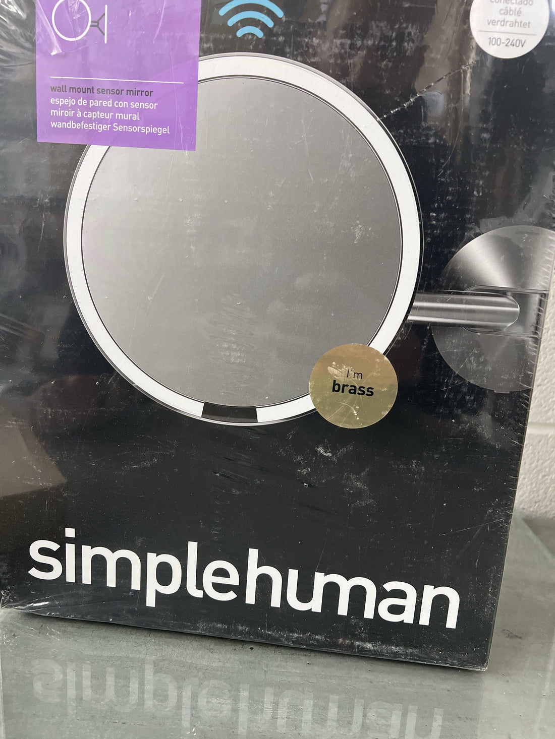 simplehuman Sensor Mirror, Wall Mount Makeup Mirror with Light, 8 Round Lighted with Magnification (5X), Hard Wired, Swing Arm, Brass Stainless Steel