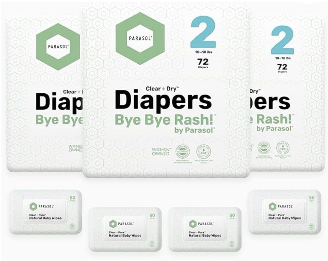 Parasol Co Clear+Dry Natural Disposable Diapers and Wipes, Size 2 (10-18 lbs) 216 Count